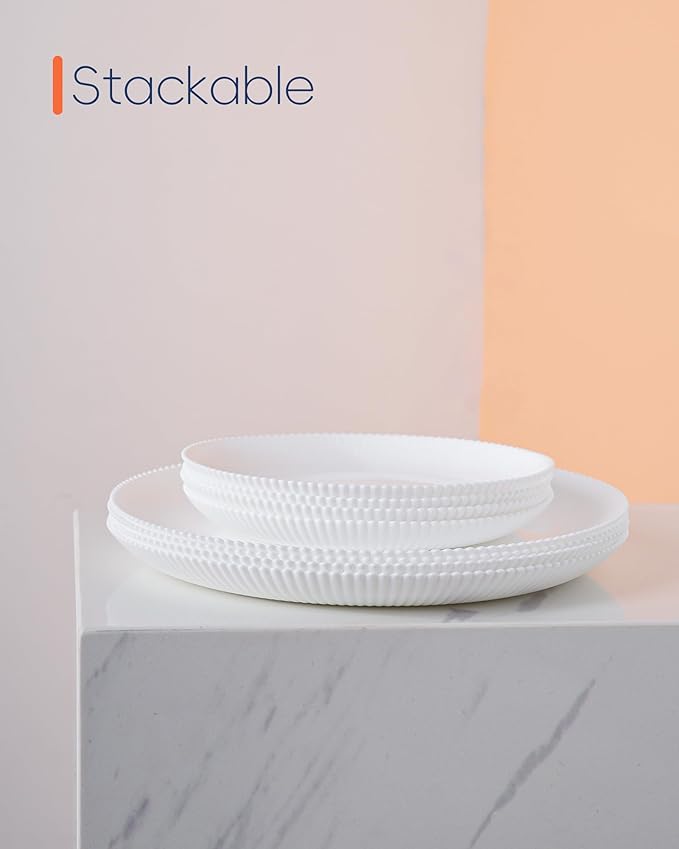 7.5 inch Ribbed Salad Appetizer Plate Set of 6, Opal Glass Round Small White Plates for Dessert, Kitchen, Dishwasher and Microwave Safe