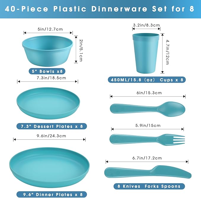 Plastic Dinnerware Sets – 40-Piece Blue Plates and Bowls Sets, Unbreakable, Reusable Dishes Set for 8 with Cups, Knives, Forks and Spoons, for Camping and Outdoor Use
