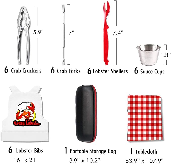 Artcome 32 Pcs Seafood Tools Set Nut Cracker Set includes 6 Crab Crackers, 6 Crab Forks/Picks, 6 Lobster Shellers, 6 Sauce Cups, 6 Lobster Bibs 1 Portable Storage Bag and 1 Plastic Tablecloth