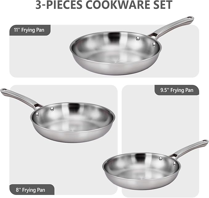 Bonnlo 3 Pieces Cookware Set, 3-Ply Stainless Steel Skillets Set, Non-Toxic Kitchen Set, Oven & Dishwasher Safe, Induction Cooking Set, PFOA & PTFE Free, Compatible for All Cooktops