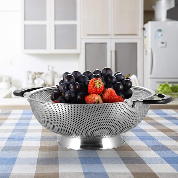 Tiawudi 18/8 Stainless Steel Colander, Easy Grip Micro-Perforated 5-Quart Colander, Strainer with Riveted and Heat Resistant Handles, BPA Free. Great for Pasta, Noodles, Vegetables and Fruits