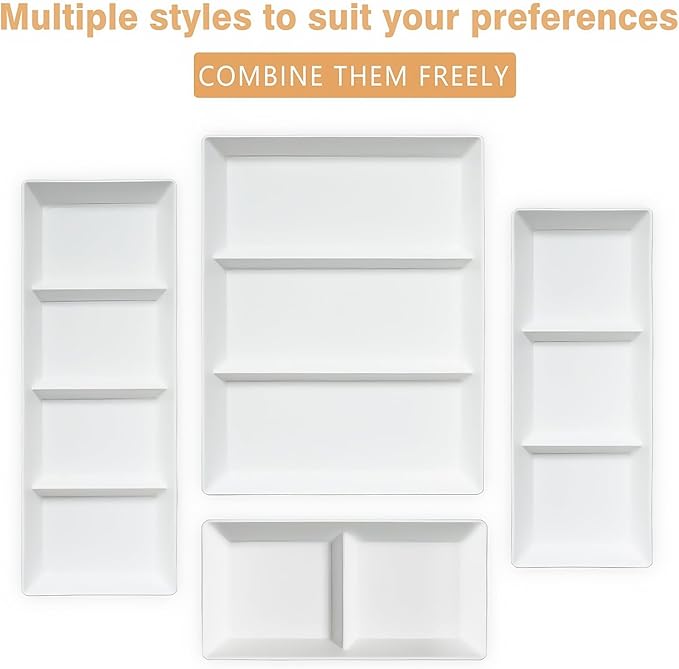 Divided Serving Tray Platter, 4 Pack 15" x 5" Fruit Veggie Food Tray for Party, Plastic Serving Trays for Appetizer, Snack, Dessert, Cookie, Brunch Decorations Platters, White Trays BPA-Free