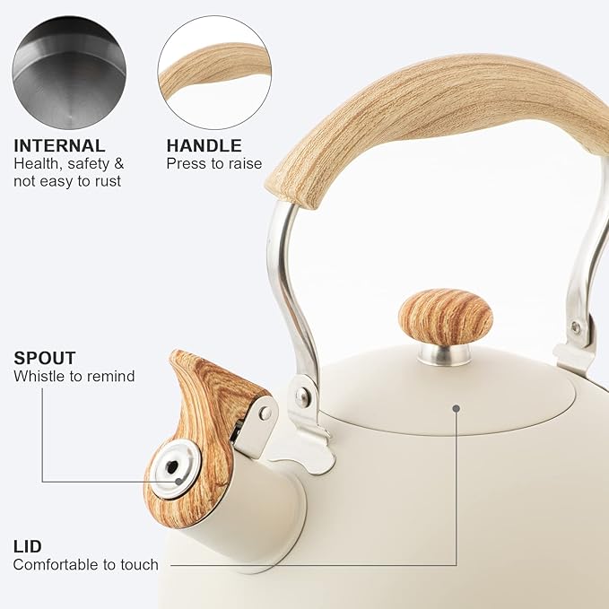 2.6 Quart/2.5 L Whistling Tea Kettles with Wood Grain adjustment Nylon Handle, Capsule Base Tea Kettle, White (White)