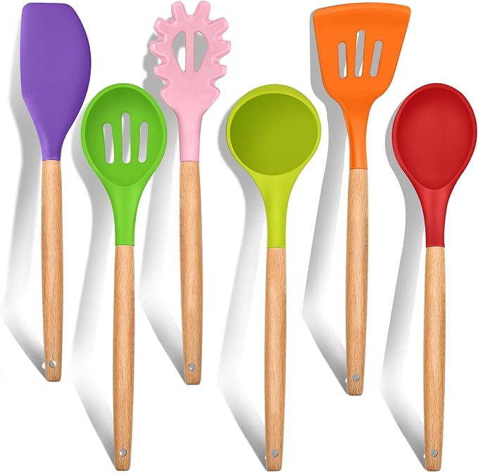 Cooking Utensils Set of 6, E-far Silicone Kitchen Utensils with Wooden Handle, Non-stick Cookware Friendly, Includes Spatula/Ladle/Slotted Turner/Serving Spoon/Spaghetti Server(Multi-colored)