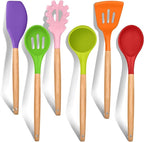 Cooking Utensils Set of 6, E-far Silicone Kitchen Utensils with Wooden Handle, Non-stick Cookware Friendly, Includes Spatula/Ladle/Slotted Turner/Serving Spoon/Spaghetti Server(Multi-colored)
