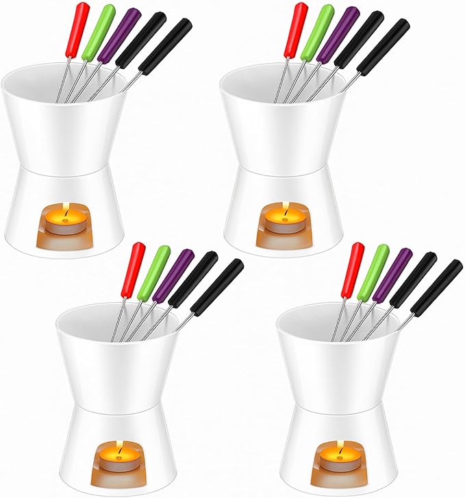 Nuogo 4 Pcs Fondue Pot Set Mini Melting Bowl Set with 16 Pcs Mini Forks for Cheese, Chocolate, Tapas, Butter and Caramel(White)