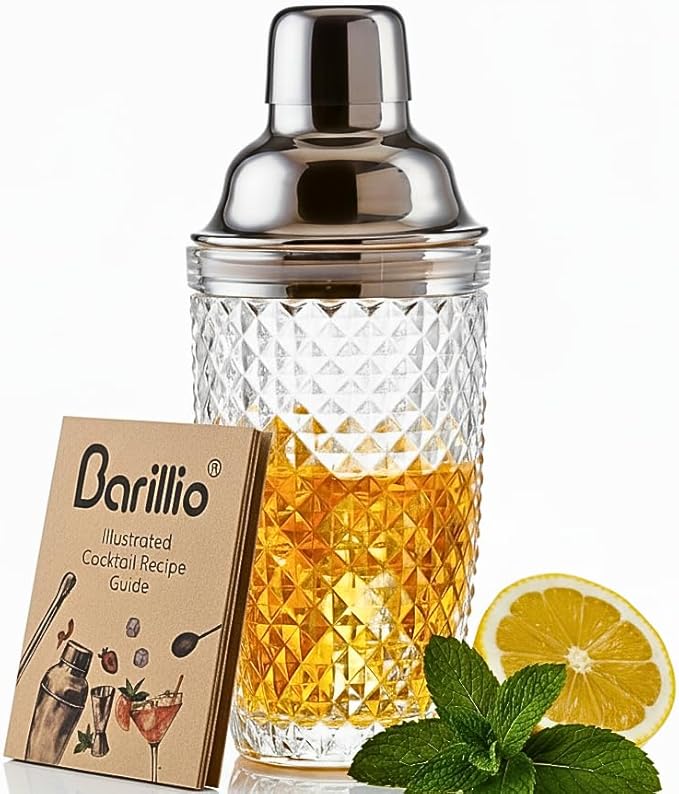Barillio 14 oz Glass Cocktail Shaker | Cobbler Mixer with Built-In Strainer, Leak-Proof Clear Martini Shaker for Single-Serve Drinks