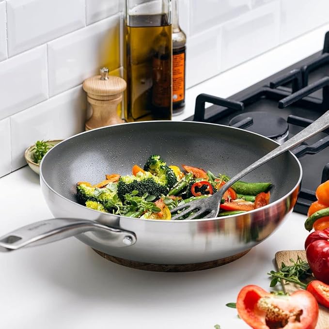 GreenPan Chatham Tri-Ply Stainless Steel Healthy Ceramic Nonstick 11" Wok Pan, PFAS-Free, Multi Clad, Induction, Dishwasher Safe, Oven Safe, Silver