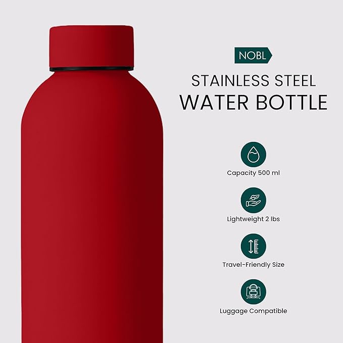 NOBL SNOBL Stainless Steel Water Bottle,17 oz, 500 ml, Double Wall Vacuum Insulation, Sealed Bottle Keeps Drinks Cold 24 Hrs & Hot 12 Hrs, Leak Proof, Fits Noble Carry-On Cup Holder - Red