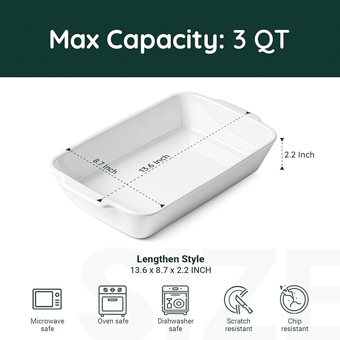Casserole Dish with Roasting Racks, 3 QT Baking Dish with Handles, White Bakeware, Ceramic Baking Pan, Microwave Oven Safe, Dinner, Wedding (13.6"*8.7")