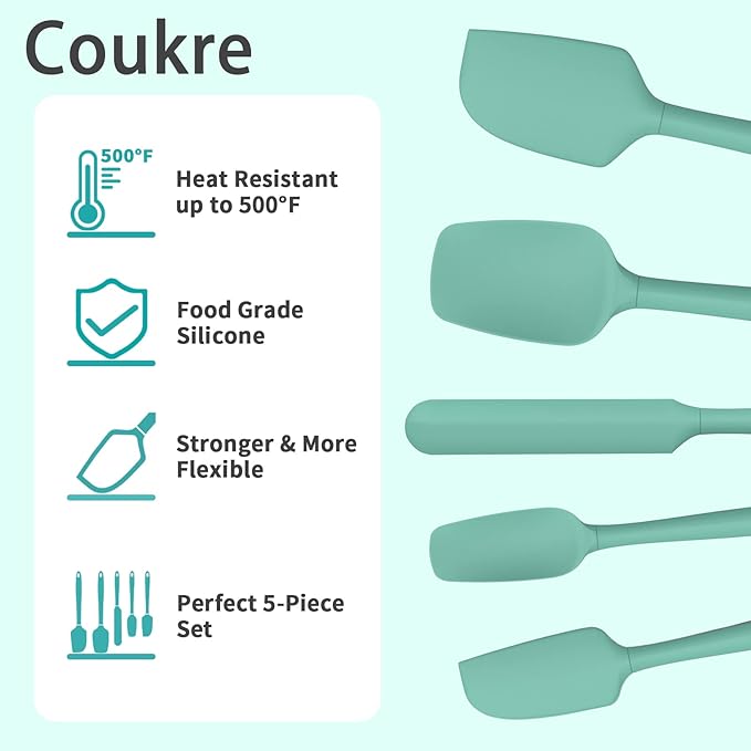 Coukre Silicone Spatula Set of 5,High Temperature Resistant, Food Grade Silicone, Dishwasher Safe, for Baking, Cooking (Pure Aqua Green)