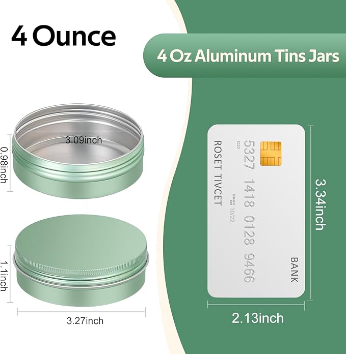 YQ 24 Pack 4 oz Tins for Salves, Round Aluminum Metal Tin with Lids, Empty 4oz Tin Containers Food Storage Containers, Salve Tins with Lids and Labels for Cosmetic, Balm, Candle, Candy(Light Green)