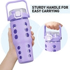 MUKOKO 32 oz Glass Tumbler with Straw,Glass Water Bottles with Time Marker,Iced Coffee Cup with Silicone Sleeve,Motivational Drinking Bottles,Leakproof-Purple