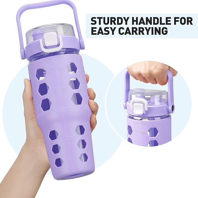 MUKOKO 32 oz Glass Tumbler with Straw,Glass Water Bottles with Time Marker,Iced Coffee Cup with Silicone Sleeve,Motivational Drinking Bottles,Leakproof-Purple