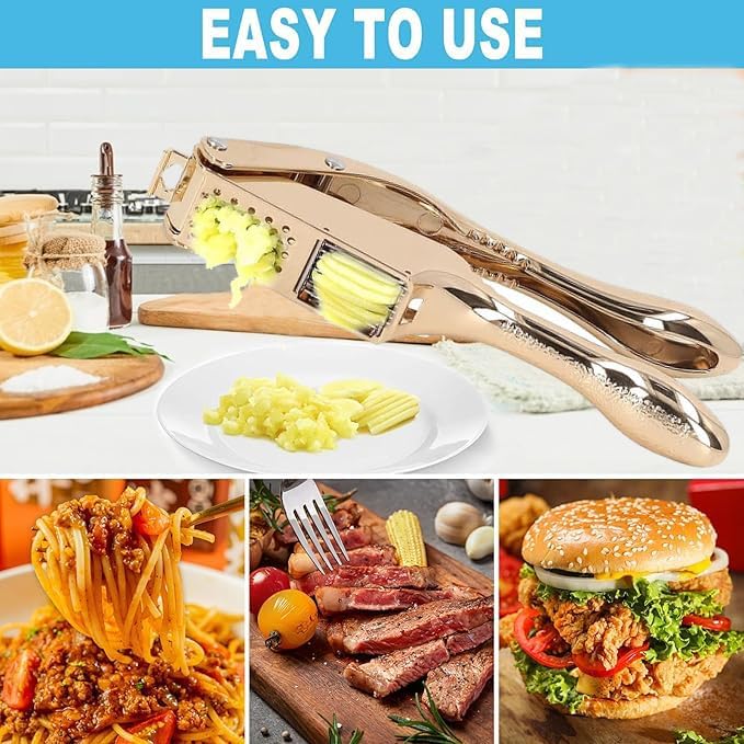 Garlic Press and Slicer 2 in 1, Rust Proof & Dishwasher Safe Professional Garlic Mincer Tool, Effortlessly Crush and Mince Garlic with this Ergonomic Handle-Garlic Slicer & Brush ANCQMI(Gold)