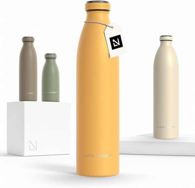 LARS NYSØM Stainless Steel Insulated Water Bottle 12 oz 17 oz 25 oz 34 oz 51 oz | Insulated Thermo Flask for Hot and Cold Beverages | Leakproof Drinking Bottle (Mustard Yellow, 33.8 oz)