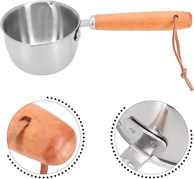 Mini Butter Melting Pot, Stainless Steel Hot Oil Pan Milk Butter Warmer with Wooden Handle Dual Pour Spout Small Sauce Pan Sauce Serving Pots(150ml)
