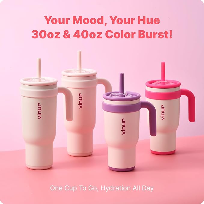 VINUR 40 oz Insulated Tumbler with Handle|Leak-Proof Lid|18/8 Stainless Steel Vacuum Coffee Mug Cup for Travel with Rubber Base | Cup Holder Friendly| Gifts for Women, Cream