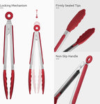 600ºF Heat Resistant Kitchen Tongs: U-Taste 9 inch Silicone Cooking Tong with Firm Sealed Non Stick Rubber Tips & Silicon Coated 18/8 Stainless Steel Handle & Smooth Locking for Serving Salad (Red)