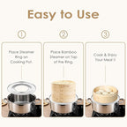 Stainless Steel Steamer Ring, Fits 7 to 12-Inch Bamboo Steamer Baskets, Steaming Adapter for Asian Food, Cooking for Dumpling, Dim Sum, Rice, Veggie, Vegetable, Steam Pot