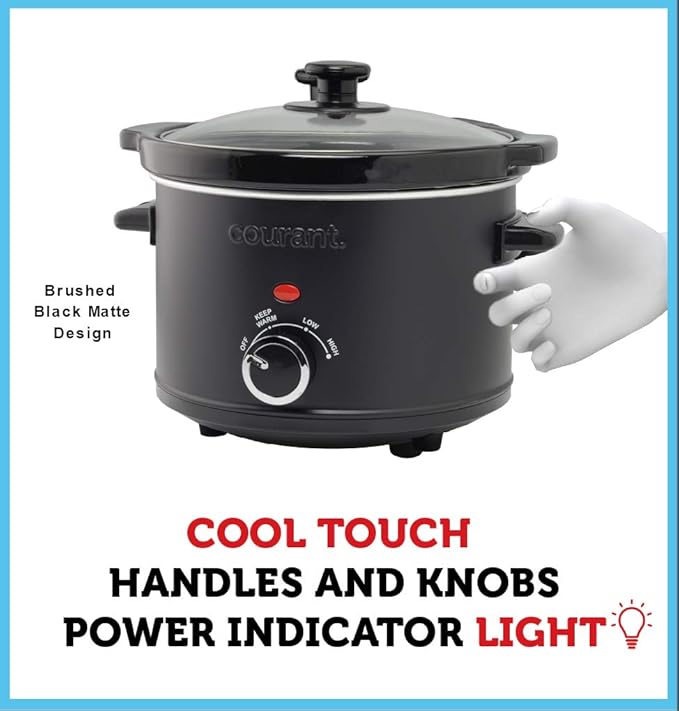 Courant Slow Cooker 5.5 Quart Crock, with Easy Cooking Options, Dishwasher Safe Pot and Glass Lid, Matte Black