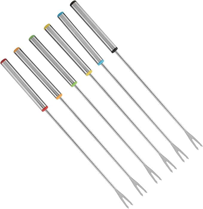 6-Piece Stainless Steel Fondue Sticks Set with Heat Resistant Handle for Cheese, Meat, Chocolate, Dessert, Roasting
