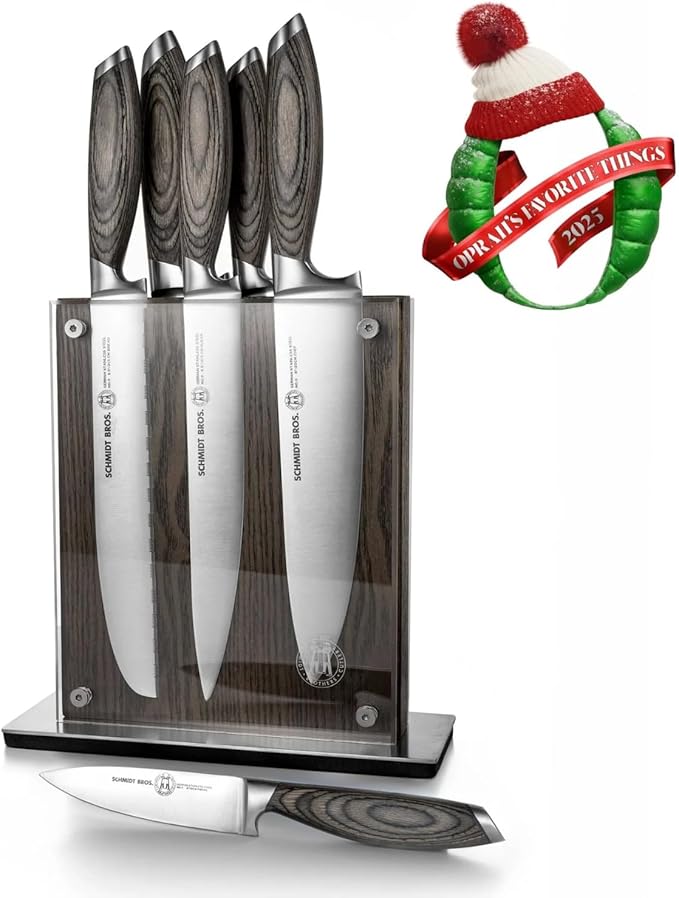 Schmidt Brothers - Bonded Ash 7-Piece Kitchen Knife Set, High-Carbon German Stainless Steel Cutlery, Ash Finish Wood Handles and Clear Acrylic Magnetic Knife Block