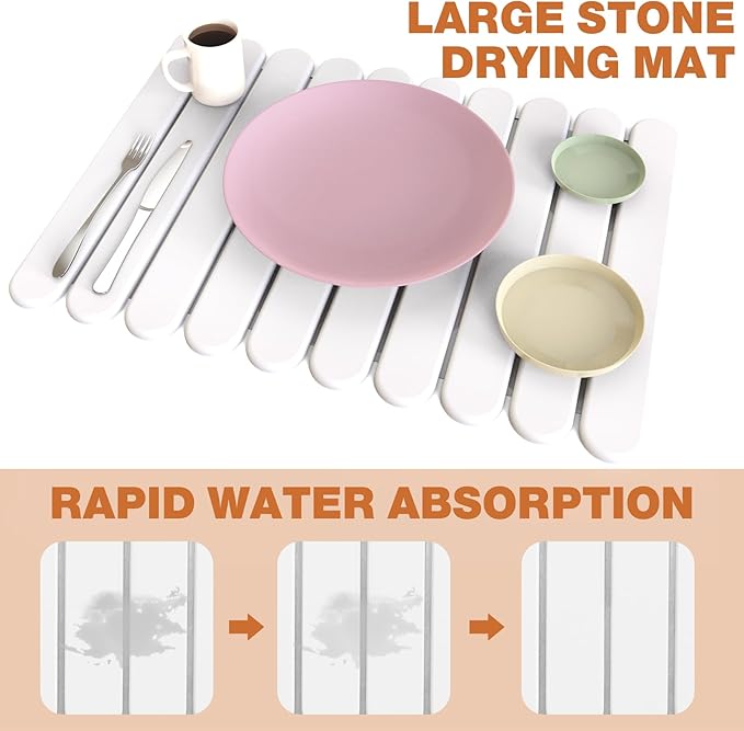 Stone Drying Mat for Kitchen Counter, Large Stone Dish Drying Mat Foldable Diatomaceous Earth Water Absorbing Mat for Dishes Bottles Cups Match Any Countertop White 24" x 16"
