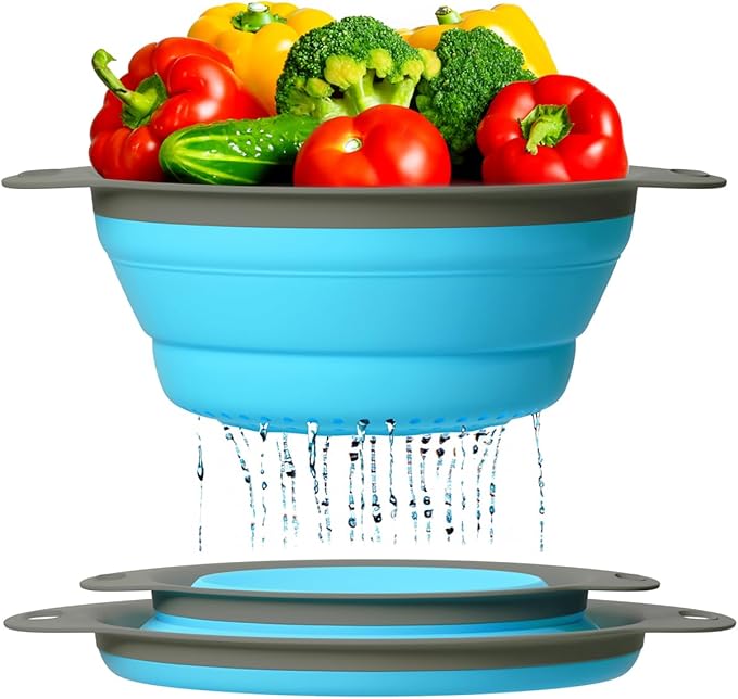 Ultimate Kitchen Strainers Set of 2 - Collapsible Silicone Colanders For Easy Storage by Comfify - Use with Pasta & Veggies or as a Fruit or Berry Bowl with Strainer - Irreplaceable for Campers - Blue