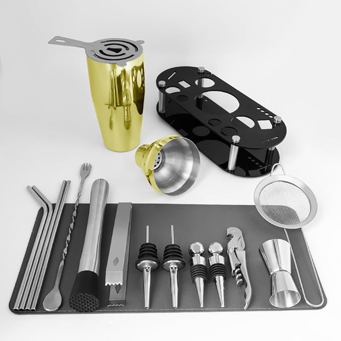 Cocktail Shaker Set Bartender Kit with Stand - 16 Piece Bar Tool Set Drink Mixer Set Includes : 25oz Shakers, Jigger, Strainer, Mixer Spoon, Muddler, Liquor Pourers, Straw (Gold)