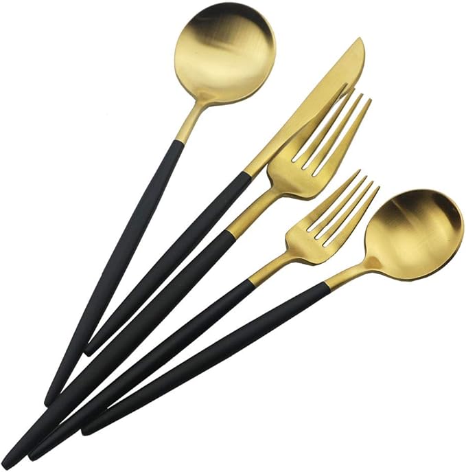 JASHII Luxury Black Gold Flatware, Silverware Sets, 20-piece Elegant Cute 18/10 Stainless Steel Silverware Set for Eating Home Kitchen Hotel Restaurant, Service Sets for 4 People, Dishwasher Safe