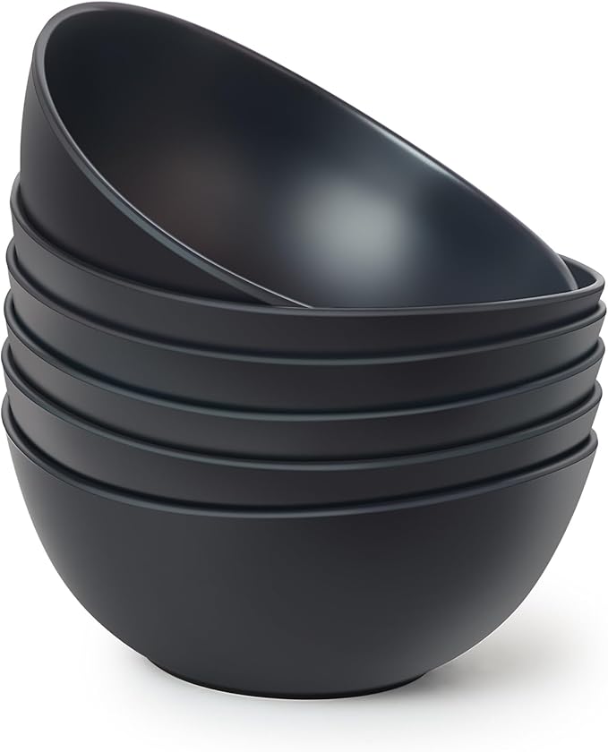 6.2'' Bamboo Fiber Cereal Bows Set of 6, Soup Bowls 24 Oz for Serving Salad, Snack, Side Dishes, Modern Oval Lightweight Bowls for Breakfast,Lunch and Dinner, Dishwasher and Freezer Safe(Matte black)
