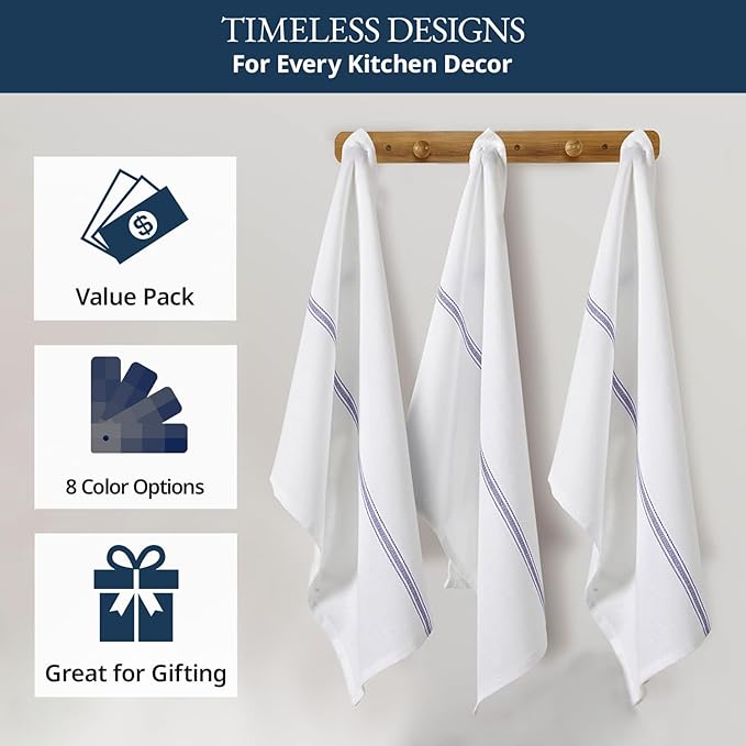 LANE LINEN Kitchen Towel Set- 12 Pack 14"x25" Dishtowels for Kitchen, Absorbent 100% Cotton Dish Drying Towels, Cleaning Cloth for Countertops, Soft & Durable, Machine Washable - Blue Stripe