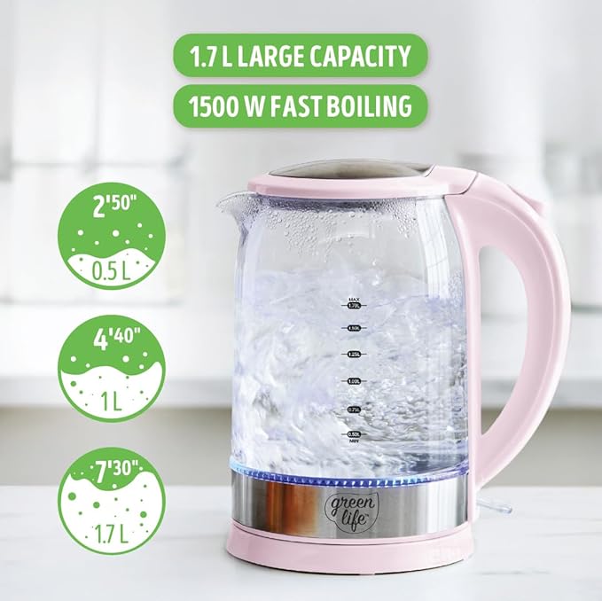 GreenLife 1.7 Liter Glass Electric Kettle, Easy One Touch Use, Quick Heating, Filtered Spout, LED Base, Auto Shut-Off, Cordless Serving, Coffee and Tea, Pink