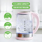 GreenLife 1.7 Liter Glass Electric Kettle, Easy One Touch Use, Quick Heating, Filtered Spout, LED Base, Auto Shut-Off, Cordless Serving, Coffee and Tea, Pink
