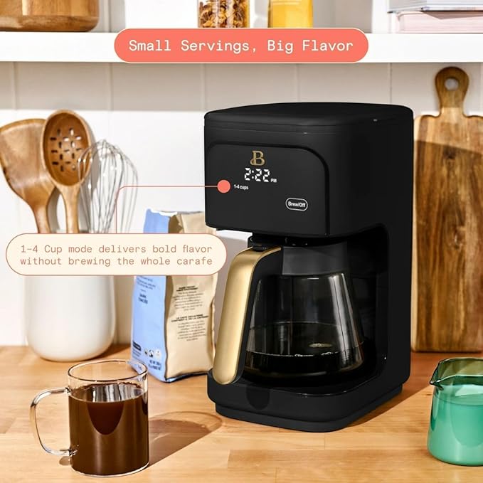 Beautiful 12-Cup Programmable Coffee Maker by Drew Barrymore, Touch-Activated Display, Auto Brew 24hr Timer, Regular/Gourmet/Bold Strength Options, Auto Clean & Keep Warm – Matte Finish (Black Sesame)