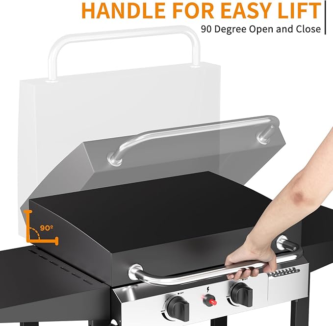 2 Burner BBQ Gas Griddle with Hood, 17.3 Inch Stainless Steel Portable Detachable Propane Griddle, 30,000 BTU Flat Top Barbecue Grill with Lid for Camping