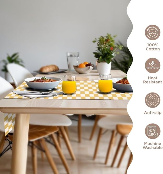 Folkulture Table Runner | Table Runners 90 inches Long | Checkered Table Runner for Farmhouse Decor or Boho Decor | Yellow Table Runners for Dining Room Table Decor | Table Decorations for Party