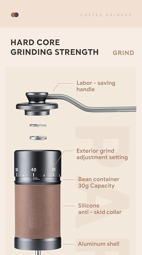 Manual Coffee Grinder Premium Hand Coffee Grinder Capacity 30g with CNC Stainless Steel Conical Burr,Silicone Anti-skid Ring Pour Over Coffee for Manual Burr Coffee Grinder Gift