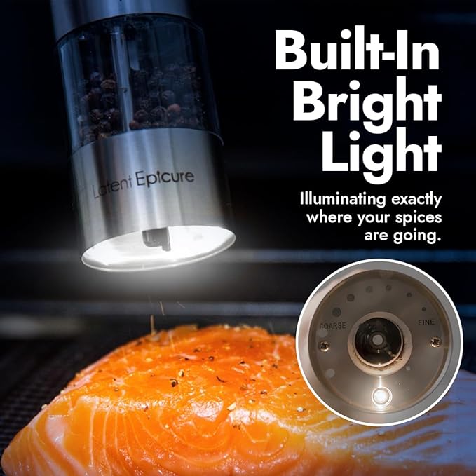 Electric Salt and Pepper Grinder Set - Battery Operated, Stainless Steel Shakers with Adjustable Fine & Coarseness, One Handed Operation, LED Light & Complimentary Mill Rest Tray