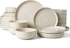 Stoneware Dinnerware Sets, Plate and Bowl Sets for 8, 24 Pieces Spiral Flared Dishware Set with Speckles & Reactive Glaze - Microwave and Dishwasher Safe Tableware, Shell Beige