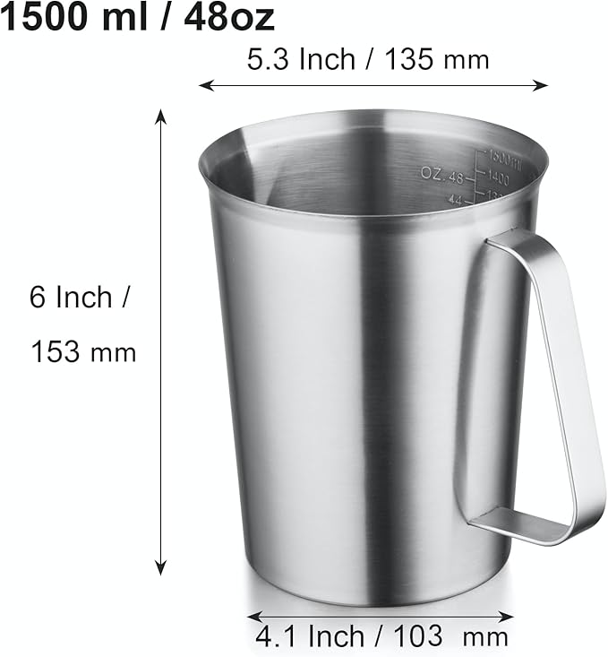 CURTA 18/8 Stainless Steel Measuring Cup with Handle and Pour Lip, Metal Pitcher with Oz and ML marking, 48OZ/1500 ML- 6 Cup), Heavy-Duty Pitcher