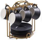 YHOSSEUN Ceramic Espresso Cups Set of 6, 4 Oz Expresso Shots Cup with Stand & Saucers, Small Coffee Espresso Cup Demitasse Cups, Black