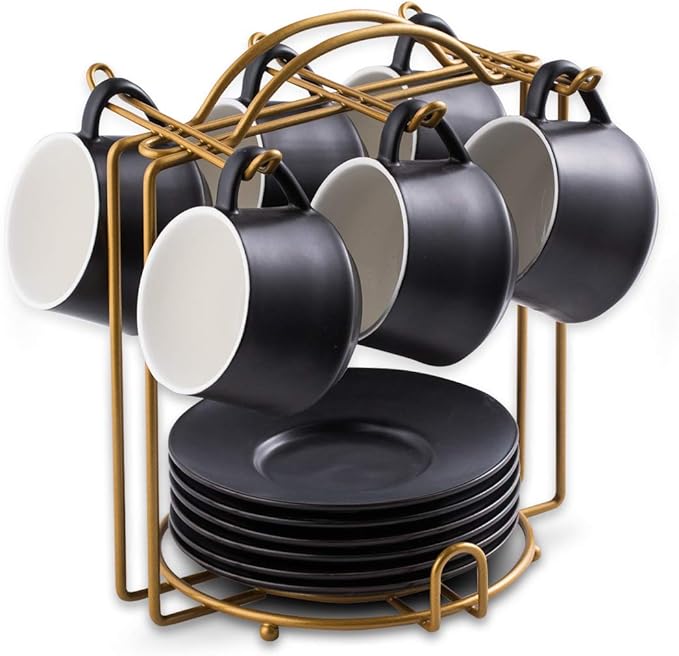 YHOSSEUN Ceramic Espresso Cups Set of 6, 4 Oz Expresso Shots Cup with Stand & Saucers, Small Coffee Espresso Cup Demitasse Cups, Black