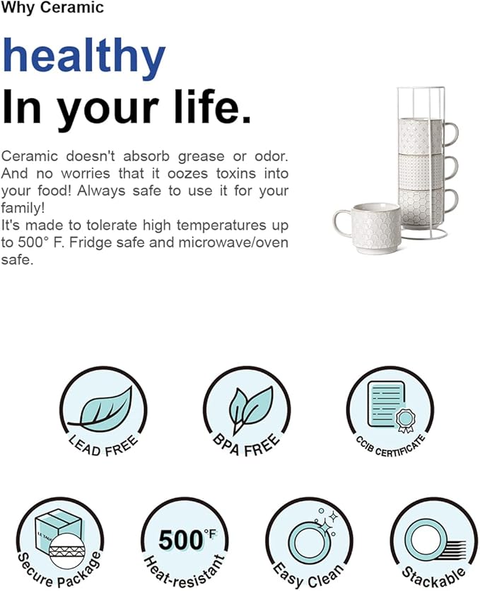 LE TAUCI Stackable Coffee Mugs Set with Stand, Ceramic Espresso Cups for Au Lait, Cappuccino,Latte,Cafe,Mocha,Tea, Suit For Housewarming Wedding- 8 oz, Set of 4,Arctic white