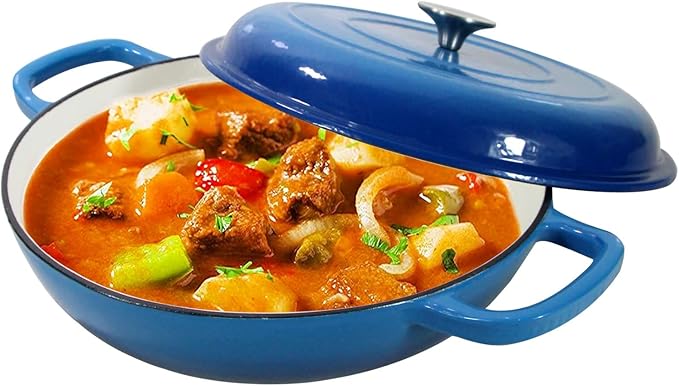 Cast Iron Dutch Oven 3.8 Quart Pot With Lid - Blue Heavy Duty Dual Handles Porcelain Enameled Skillet - Family or Friends Gifts