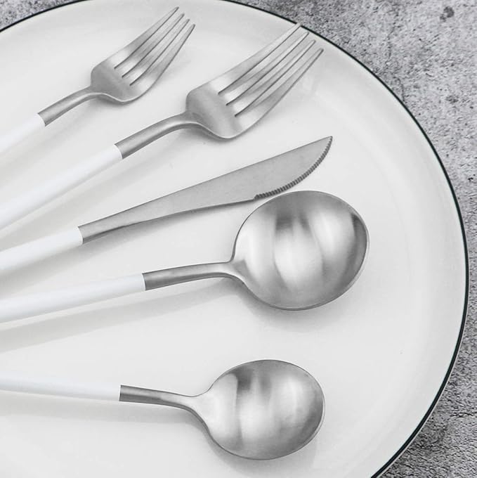 Gugrida 20-Piece 18/10 Stainless Steel Flatware Silverware, Luxury Dinnerware Set Travel Cutlery Tableware Include Knife Fork Spoon Service for 4, Dishwasher Safe (White Handle Matte Silver)