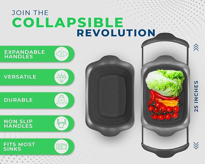 Sleek Black Over-The-Sink (OTS) Colander with Convenient Handles - Space-Saving Kitchen Strainer for Pasta, Vegetables, and Fruits - Elevate Your Kitchen Organization