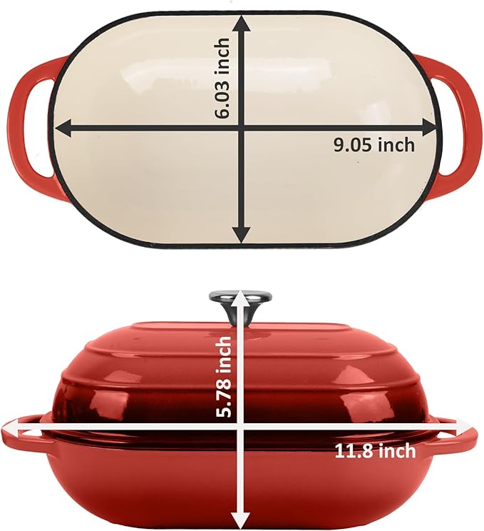Premium Enameled Cast Iron Dutch Oven for Bread Baking | Non-Stick 5QT Oval Bread Oven with Lid | Perfect for Sourdough, Loaf, and Artisan Baking (Red, 5 QT)