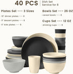 Homienly Kitchen Wheat Straw Dinnerware Set 40 PCS - Dinner Plates, Cereal Bowls, Wheat Straw Cups Set, Microwave and Dishwasher Safe Dishes Set, Unbreakable Dish Set for Party, Outdoor(Grey Stone)